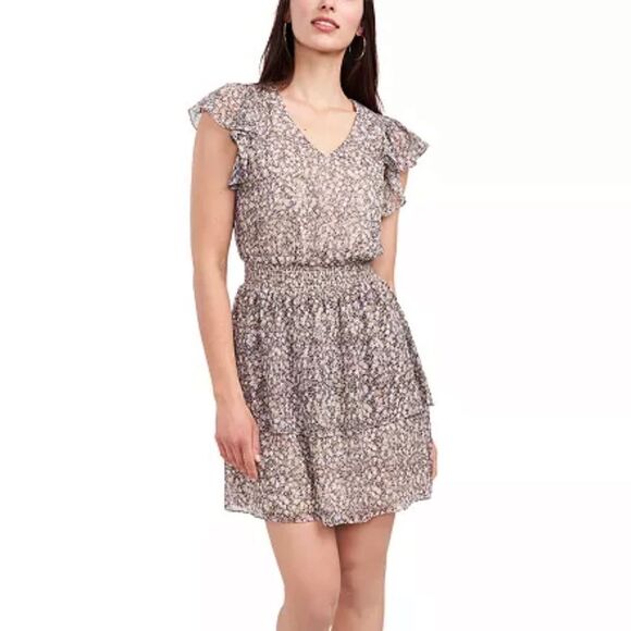 MSK Petite Women’s Smocked Waist Beige Floral Dress - Picture 1 of 11